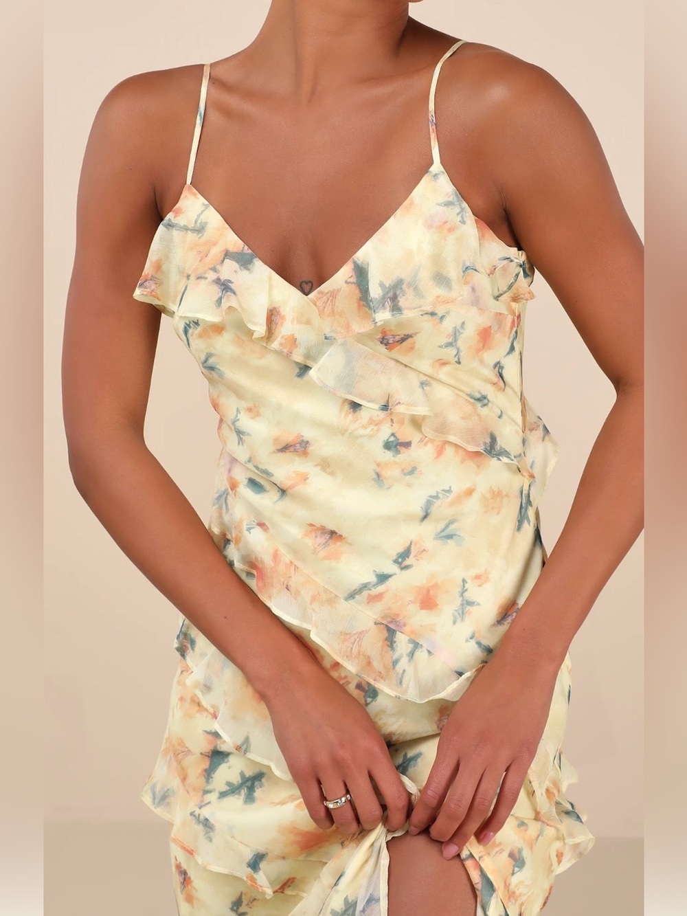 Dreamy Personality Yellow Floral Ruffled Sleeveless Midi Dress